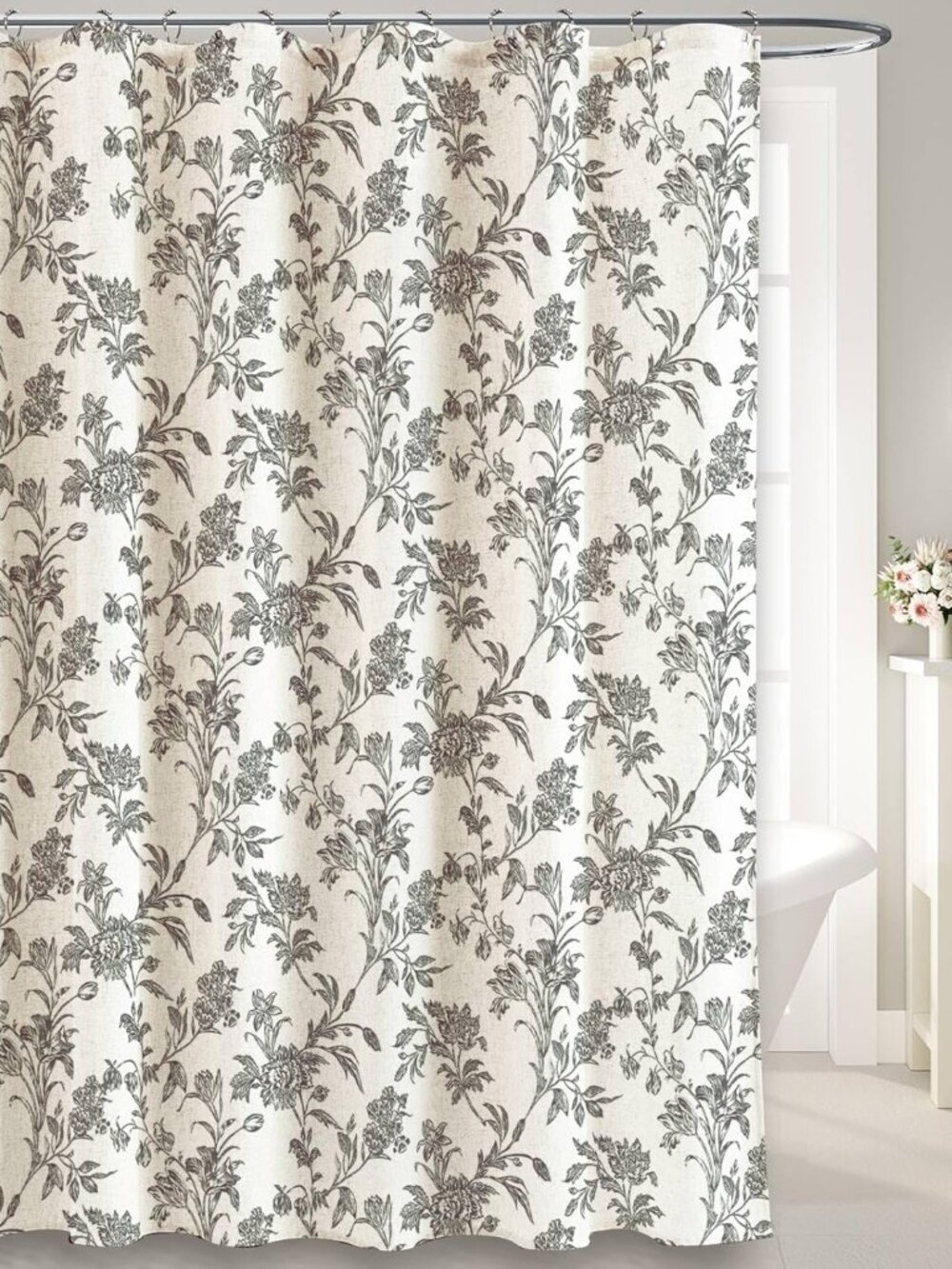 Black Floral Cotton Linen Shower Curtain Cottagecore Bathroom 72x78 Inch NEW